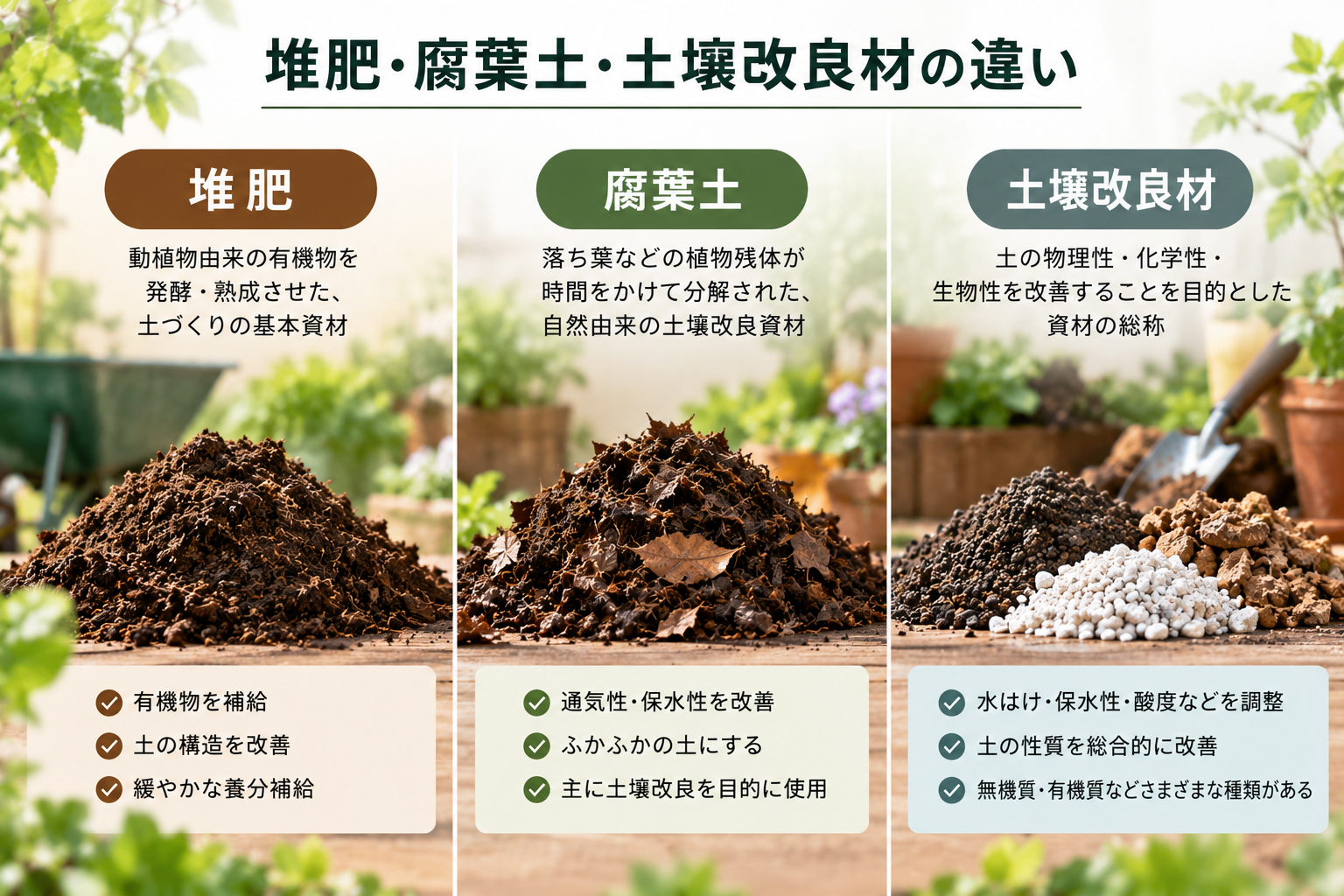 堆肥・腐葉土・土壌改良材の違い